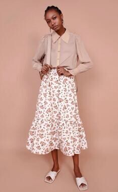 meadows 0 white floral pink button midi skirt